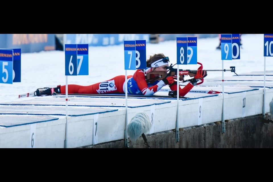 Emily Dickson of Burns Lake takes a prone stance while shooting during a World Cup biathlon race last January in Pokljuka, Slovenia. In her first World Cup season, Dickson shot 82 per cent in prone position and hit 72 per cent of her standing targets.