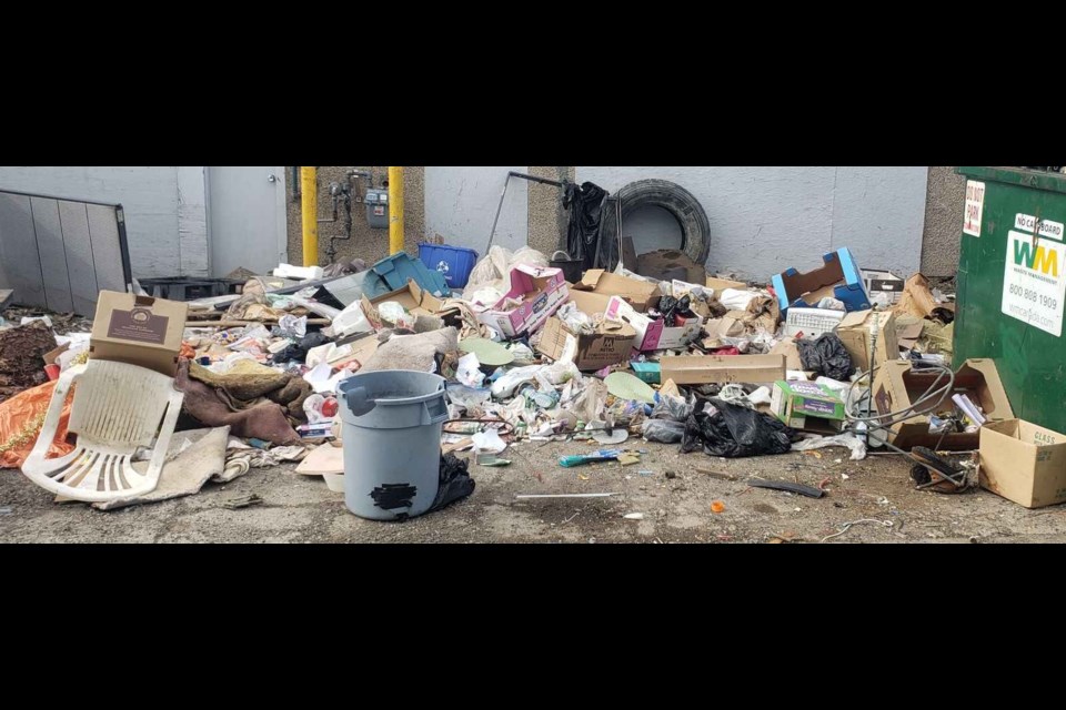 A heap of garbage found on April 27 behind Fraser Plumbing and Heating at 430 Third Ave. in the light industrial area west of Queensway Street.