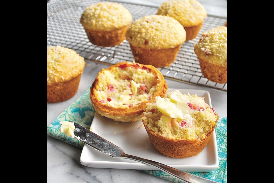 Rhubarb Coconut Muffins with butter can be served with Sunday brunch.