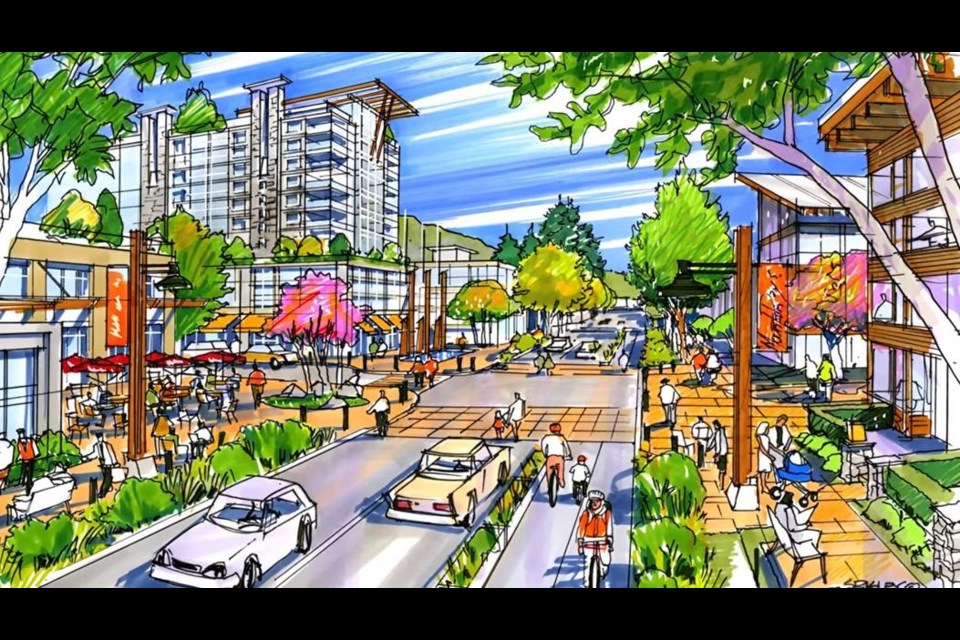 This concept drawing of the future 'high street' in Lynn Valley town centre shows the major shopping and dining district on Valley Centre Road. Planners should focus on pedestrians and cyclists when planning these town centres, writes columnist Heather Drugge. image District of North Vancouver