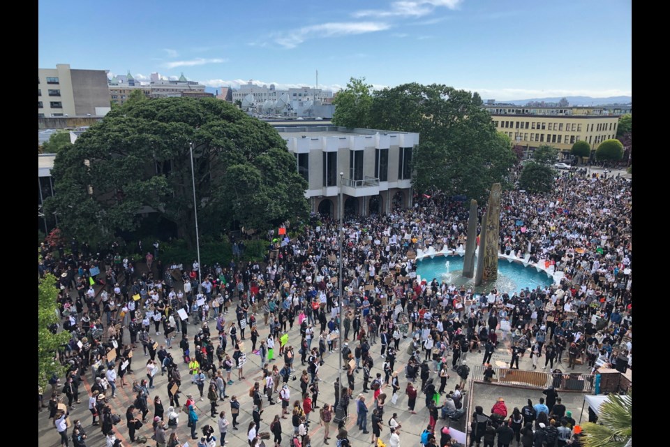 Thousands of people filled Centennial Square and spilled onto surrounding streets on Sunday, June 7, 2020, for the Peace Rally for Black Lives. Because of COVID-19 concerns, most people wore face coverings and many tried to social-distance themselves with varying success.
