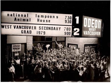 West Van Secondary’s graduating class of 1979 – featuring future mayor and MP Pamela Goldsmith-Jones – took their grad photo wearing togas under the marquee of the West Van Odeon. The film that was showing: Animal House. photo courtesy West Vancouver Library