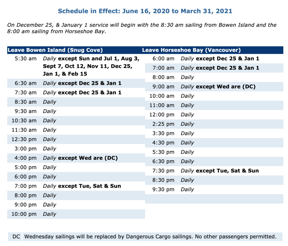 Ferry Schedule June 16 to March 31, 2021