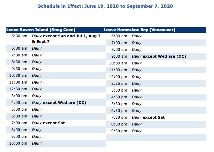 Ferry schedule between June 19 and Sept. 7.