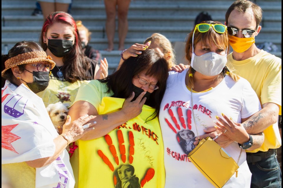 Martha Martin, right, with family at a gathering to remember her daughter Chantel Moore in front of the legislature on Thursday, June 18, 2020. Moore, who was from Port Alberni, was killed by police in New Brunswick.