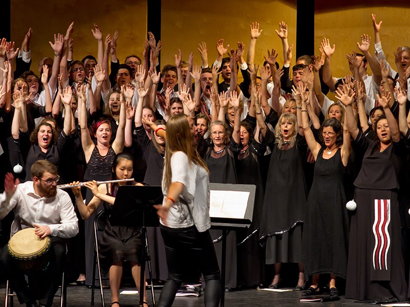 PAST PERFORMANCE: After five days of concerts, competitions, conducting seminars and fun activities, the mass choir performs for Kathaumixw’s Gala Closing Concert. Robert Colasanto photo