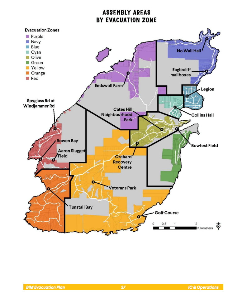 A map of Bowen Island divided into nine zones