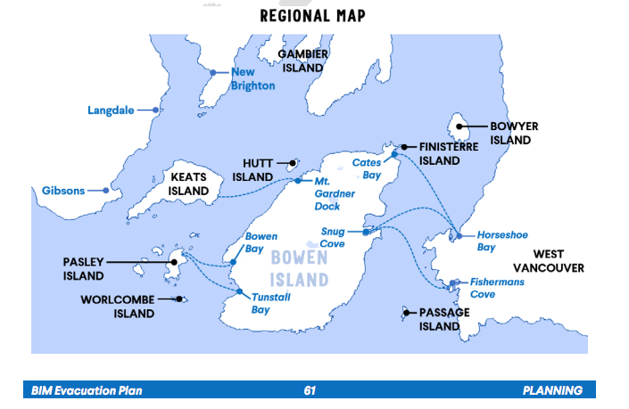 A map of southern Howe Sound with potential drop-off points for rescue vessels