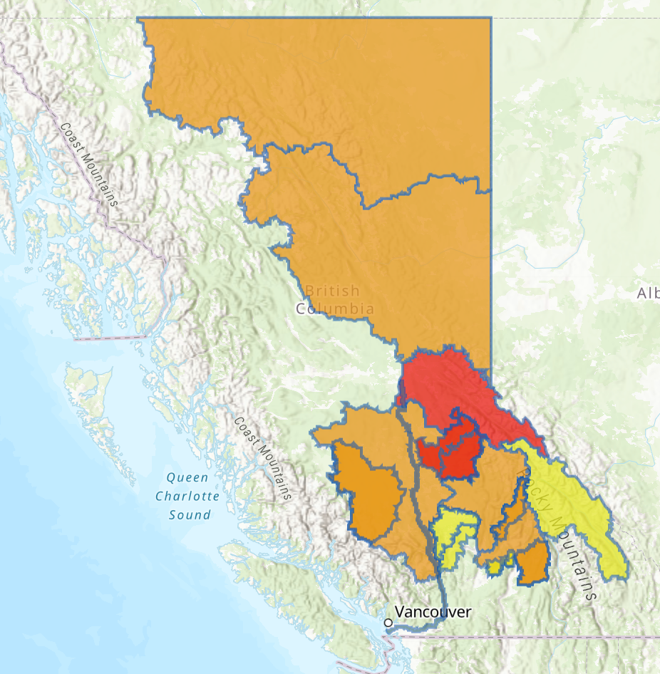 Much of the province was under either a flood warning (red), flood watch (orange) or high stream flo