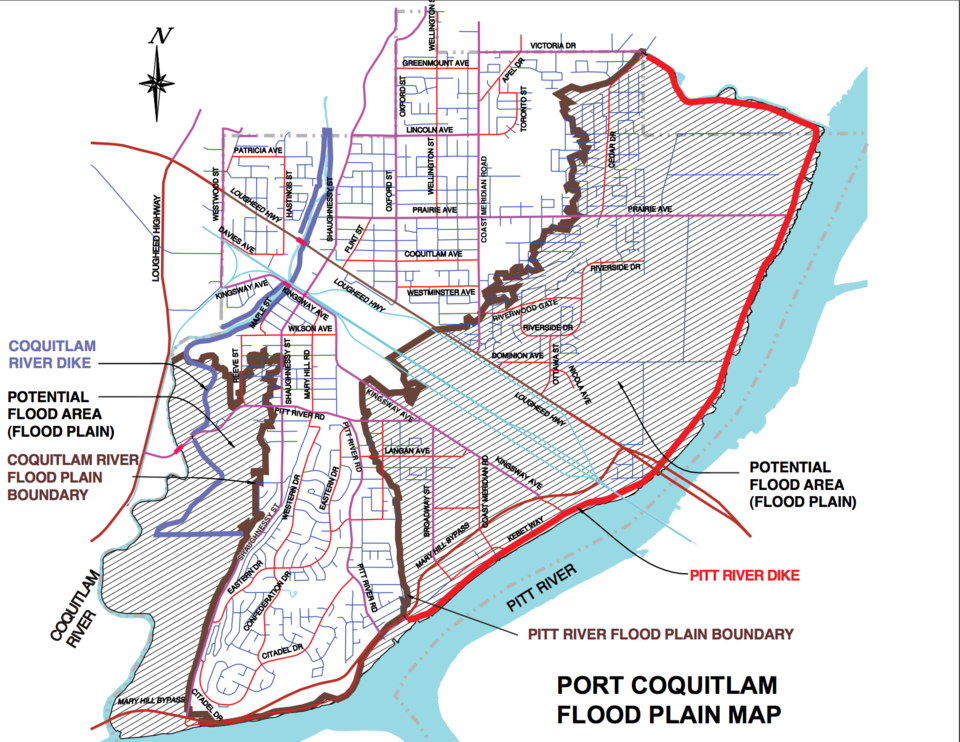 Much of Port Coquitlam is built on the floodplains of the Pitt and Coquitlam Rivers.