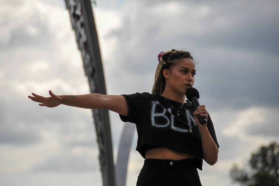 Parris Abrahams speaks to a crowd gathered at a Black Lives Matter rally in Coquitlam, July 4, 2020.