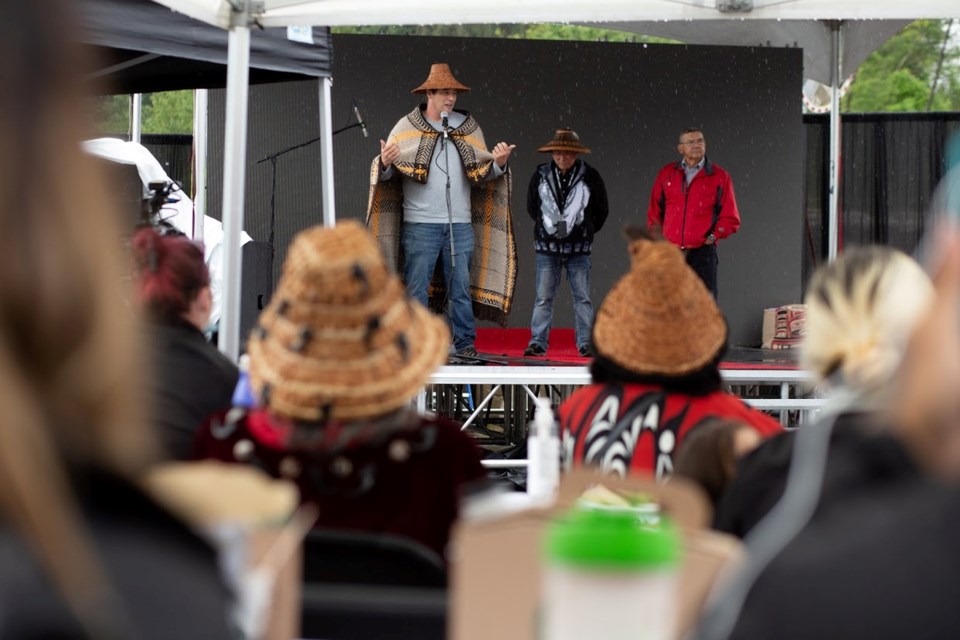 Kwikwetlem councillors speak at a celebration of a vote that ended the government of Canada's role as a third party in the development of KFN land, July 1, 2020.