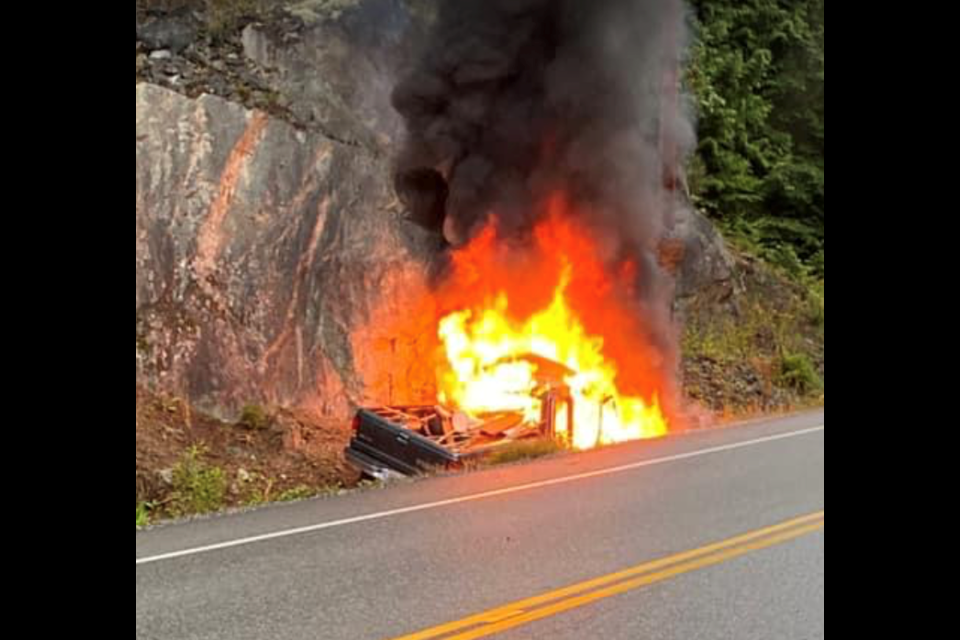 One person was injured when this truck caught fire on Highway 101 early on the morning of July 9, bystanders helped the driver escape