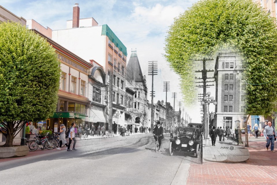 A busy day showing traffic and pedestrians on Government Street from Fort Street. (1914) On This Spot | Victoria Archives PR-0252-M05806