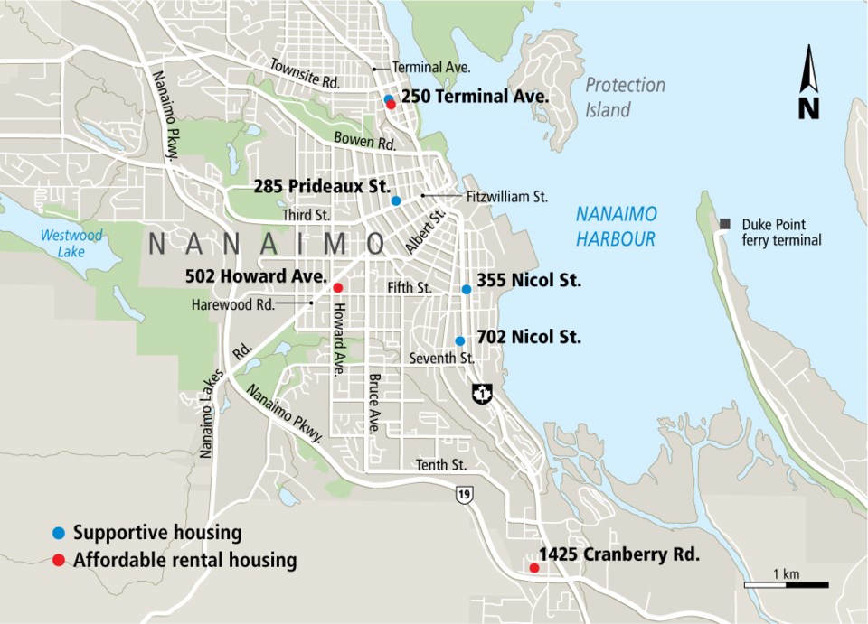 Map - Nanaimo supportive and affordable housing sites, July 2020