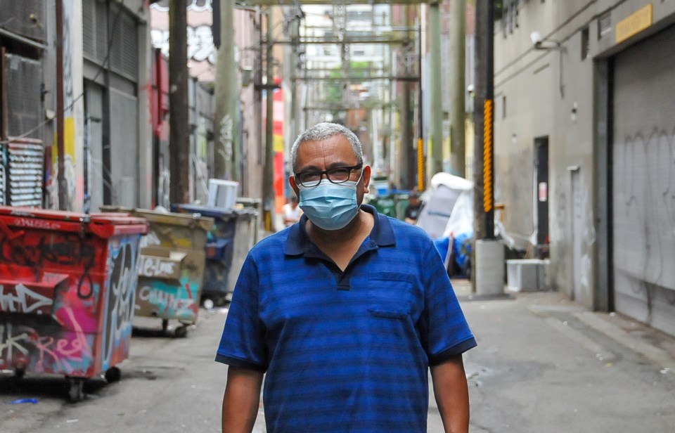 Byron Cruz outside a makeshift warehouse in Vancouver that serves as a distribution point to help fe