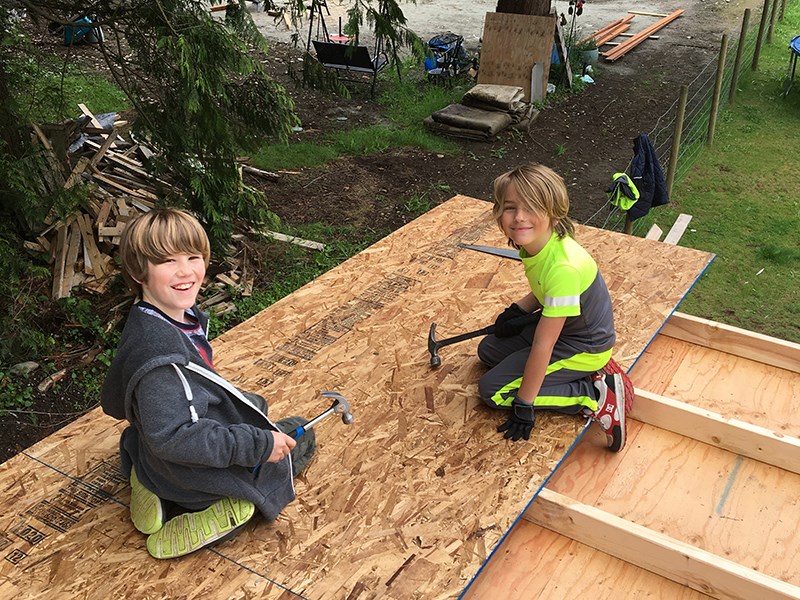 SWEAT EQUITY: Mason Sanderson, 10, [left] and his brother Sawyer, eight, spent hours working a treehouse on their property. Since finishing the building that sits on 10-foot tree stumps, the boys have spent hours inside it playing video games interspersed with jumping on their trampoline. Contributed photo