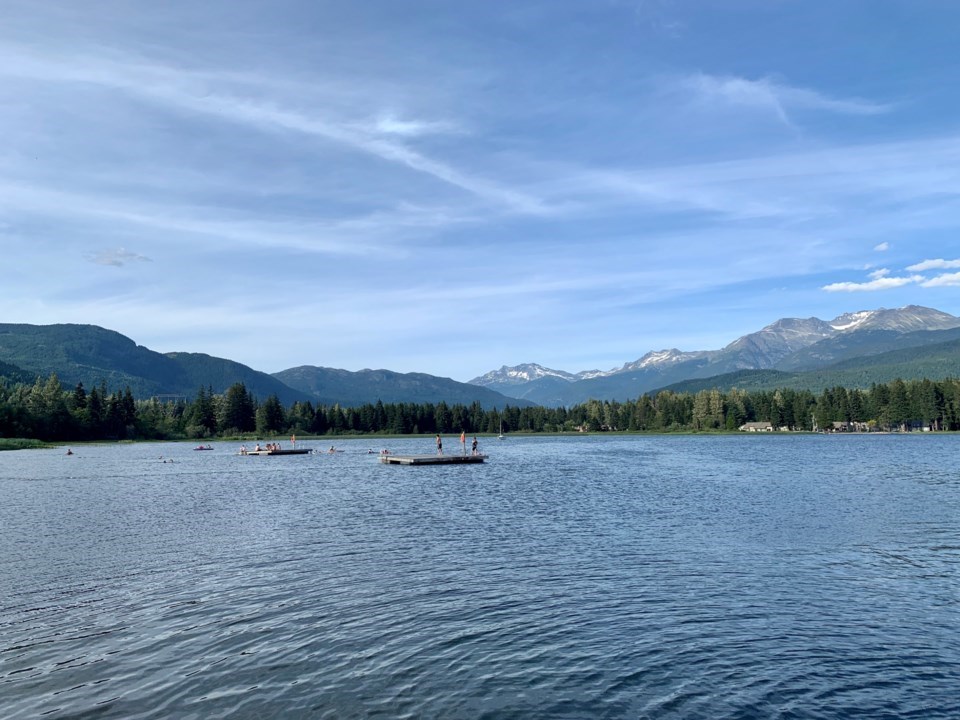 The floating docks on Whistler's Alta Lake, as seen from Rainbow Park.