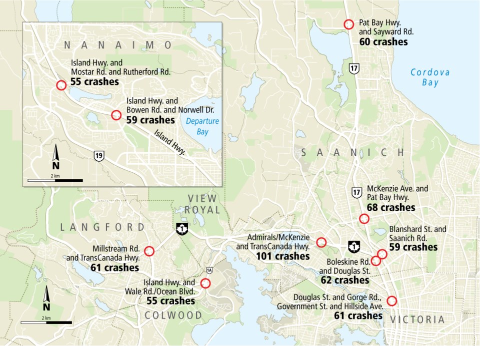 map 2019 high-crash intersections on Vancouver Island