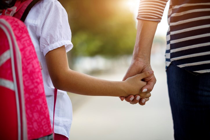 parent, child, backpack, back-to-school, safety, stock photo