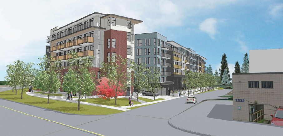 An artist's sketch of a proposed 302-unit affordable housing development
