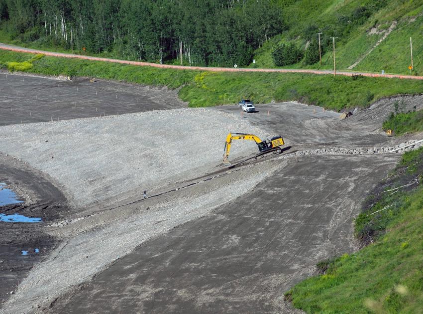 Roadway embankment construction upstream of Dry Creek, July 2020.