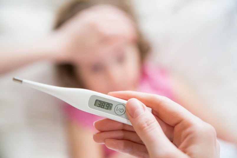 child, fever, temperature, thermometer, stock photo