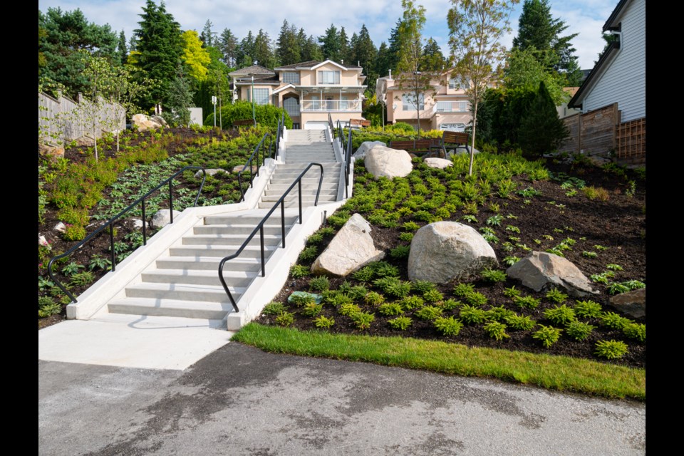 The new Durant Linear Park in Coquitlam is made up of 212 stairs, 10,450 plants and 92 trees.