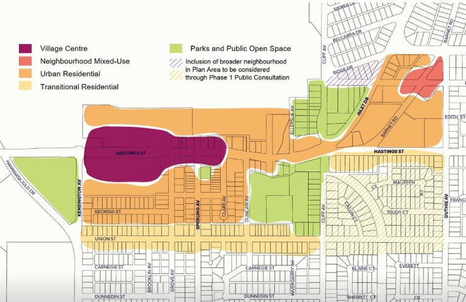 This map shows proposed uses of the land within the planned Lochdale urban village around the east end of Hastings Street.