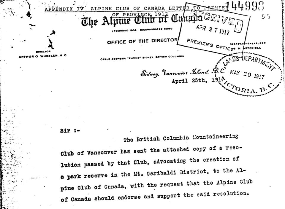 1917 Alpine Club letter Garibaldi Park Reserve