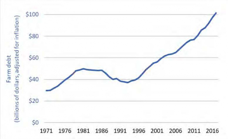 Farm debt has nearly doubled since 2000, reaching about $106 billion. It's the result of a system th