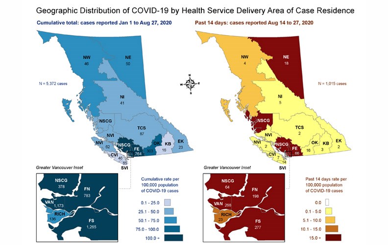This map, created by the B.C. Centre for Disease Control, shows the location of COVID-19 cases in B.C. by health service delivery area. The map on the left shows the total number of cases between Jan. 1 and Aug. 27, while the map on the right shows the number of cases over the past two-week period.