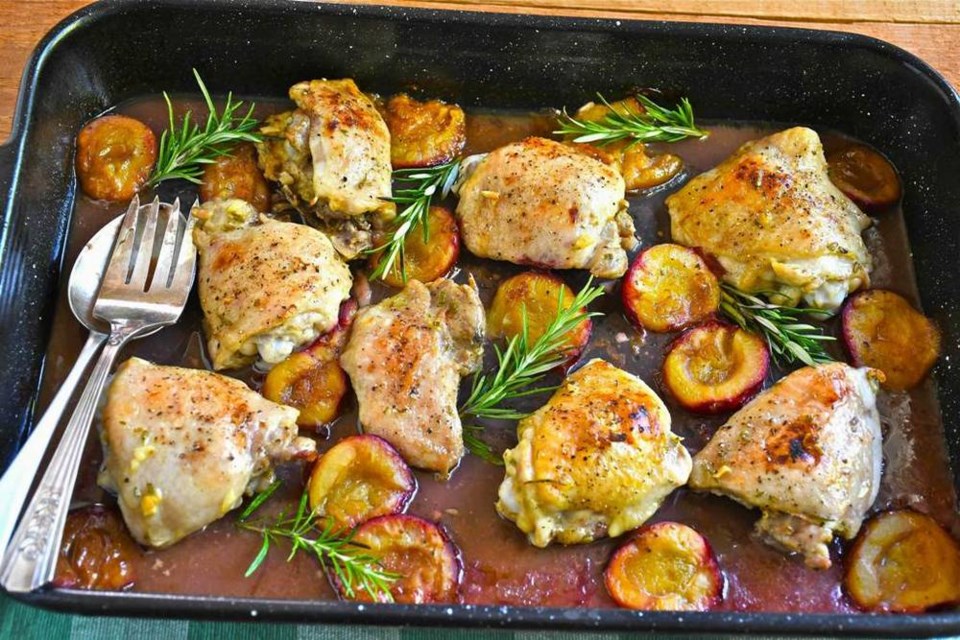 Vancouver Island-raised chicken is deliciously roasted with plums and assorted flavourings.