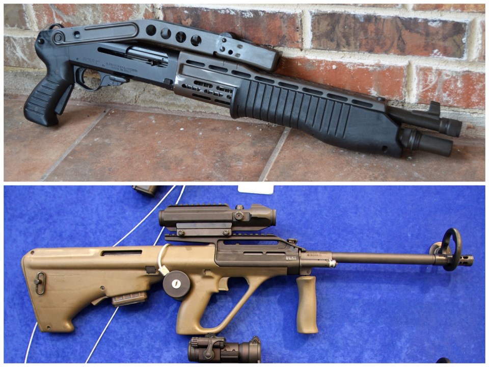 A Franchi SPAS 12 combat shotgun and an Austrian-built NATO Steyr AUG assault rifle were two of the
