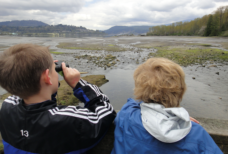 Students use binoculars to explore the mudflats at Port Moody inlet. Schools can find many parks and green spaces within walking distance where students can observe nature as the basis of many traditional courses.