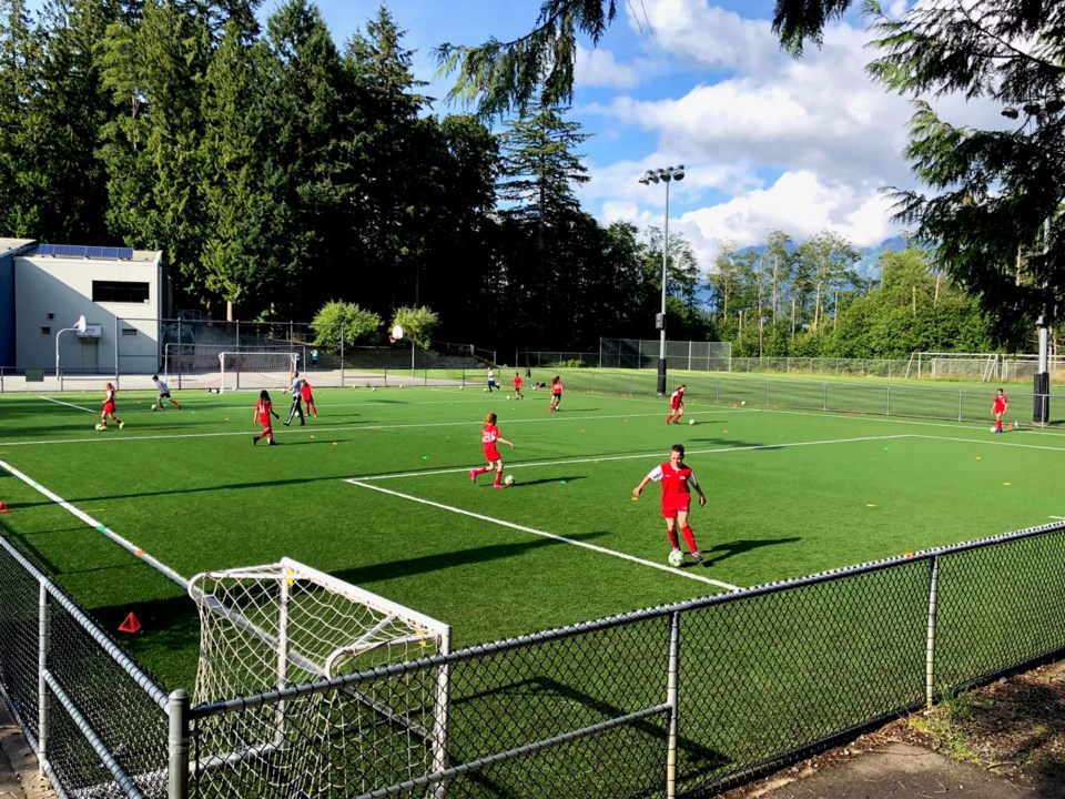 Young soccer players on the turf field