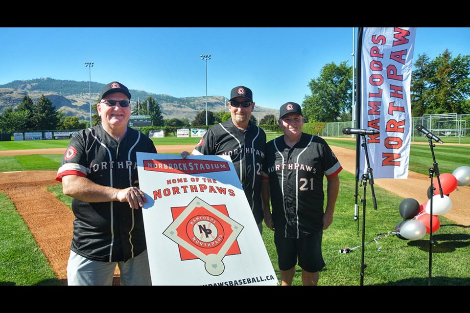 Kamloops NorthPaws co-owners Norm Daley (from left), Neal Perry and Jon Pankuch helped introduce the West Coast League franchise on Wednesday at Norbrock Stadium. Click the arrows above for more photos.