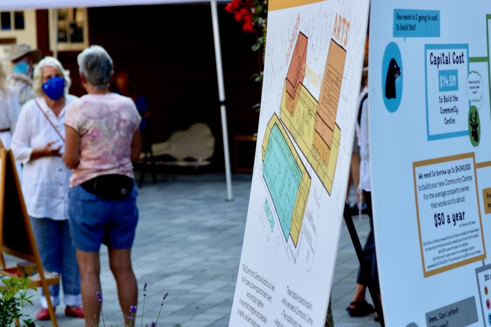 Signs about the community centre at an open house at the Hearth Gallery