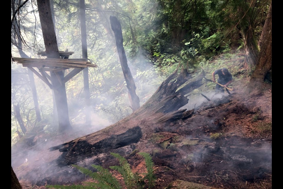 A firefighter checks for hot spots after a wildfire on the north side of Burnaby Mountain Friday.