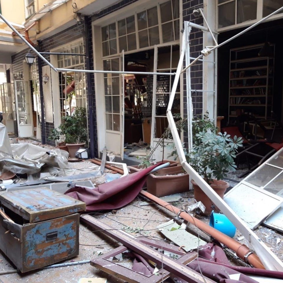 The front of a business after the Beirut blast