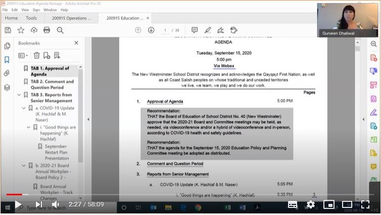 school board meeting, New Westminster, Webex, online