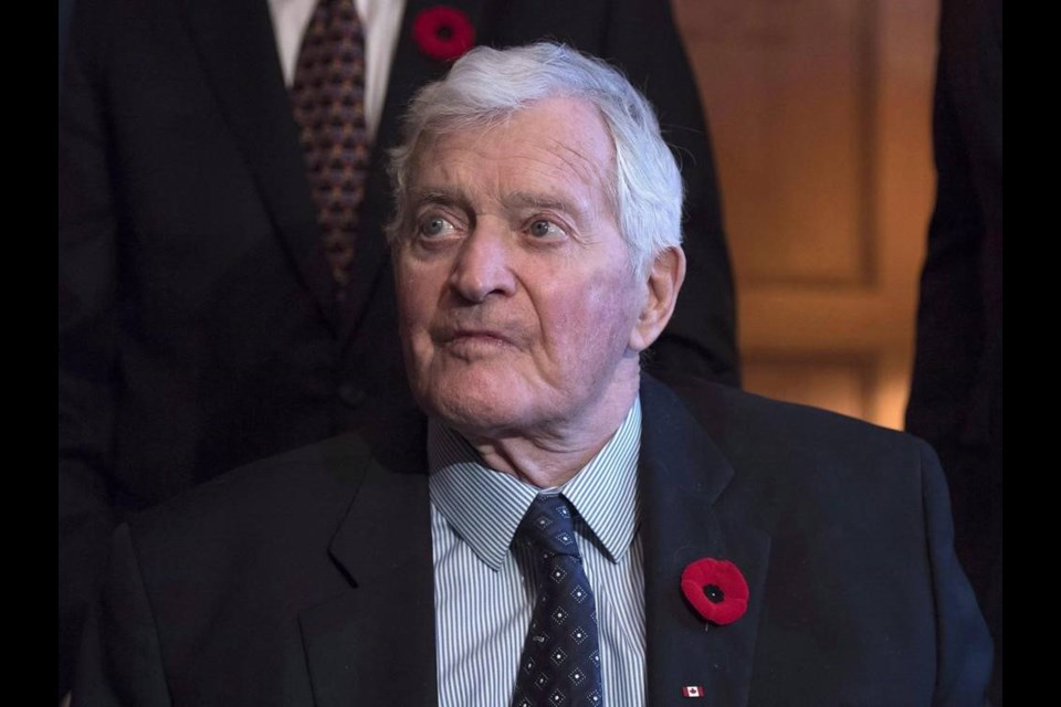 Former prime minister John Turner looks on during a photo opportunity to mark the 150th anniversary of the first meeting of the first Parliament of Canada, in Ottawa on Monday, Nov. 6, 2017. THE CANADIAN PRESS/Justin Tang