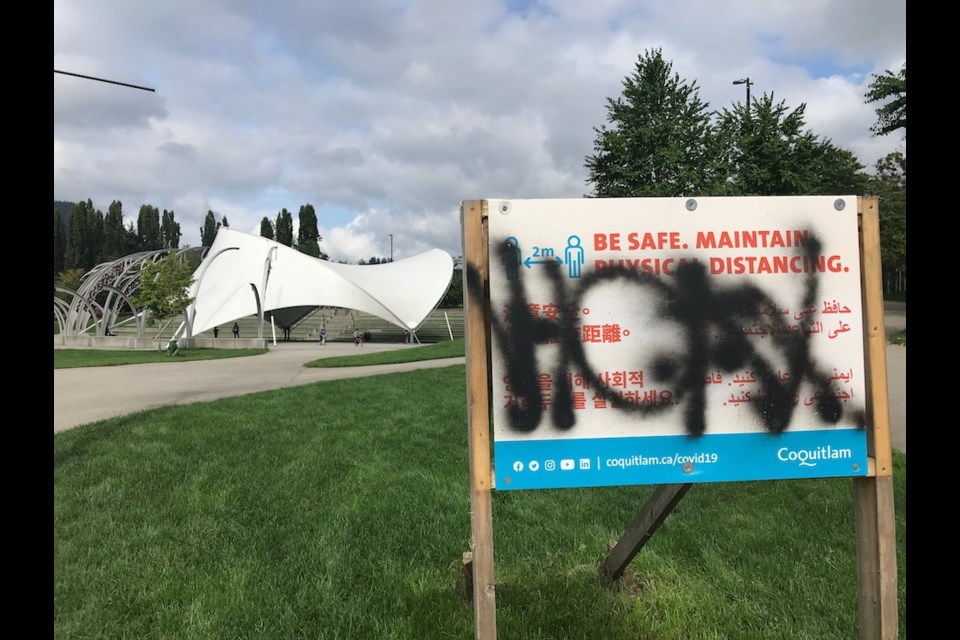 The city of Coquitlam said it was working to remove a handful of COVID-19 signs that had been vandalized over the weekend.