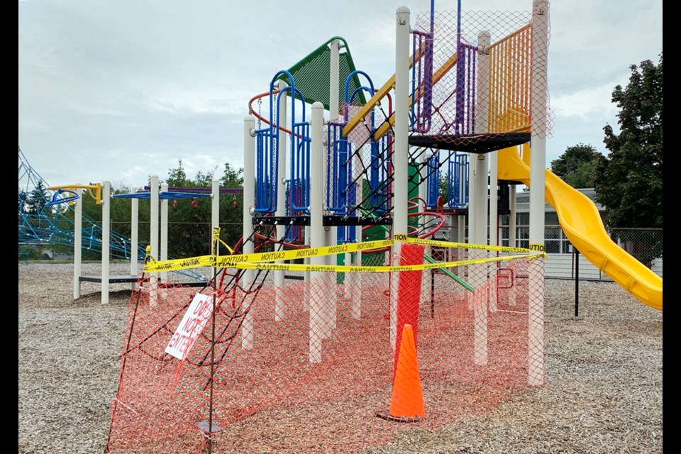 A part of Suncrest Elementary School's playground was blocked off last month where a big, blue slide used to be. The slide, reported missing on Sept. 14, has now been recovered.