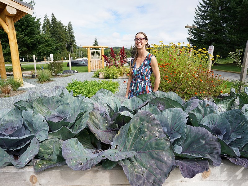 CABBAGE PATCH: Powell River General Hospital community garden coordinator Emily Jenkins has been busy tending to the new garden space adjoining Joyce Avenue. The enclosed garden features a gazebo and picnic table and has already matured to the point where there are vegetables growing among some colourful flowers. Paul Galinski photo