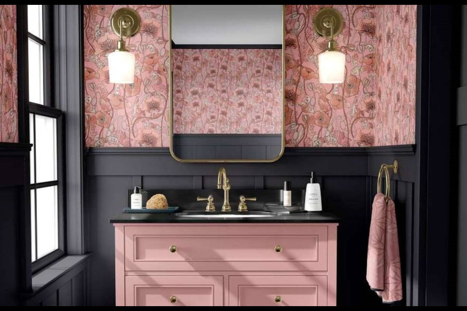 Set the stage for a glorious bathroom with dare-to-be pink and a lustrous shade of grey. VIA DEBBIE TRAVIS