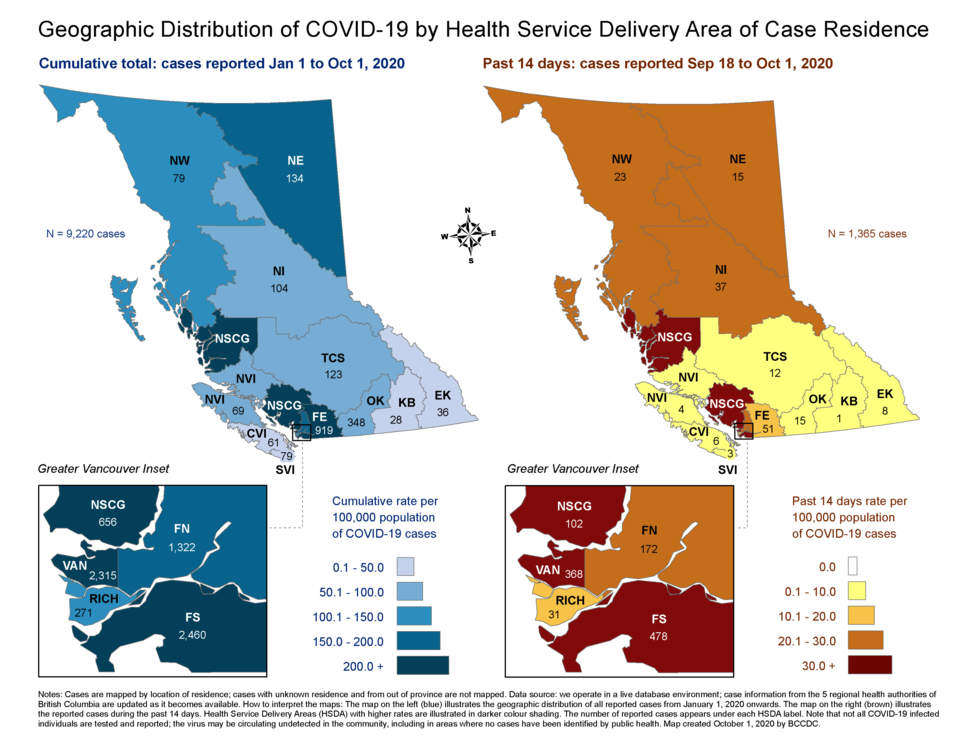 COVID-19 cases reported by health service delivery area from Sept. 18 to Oct. 1. Fraser North, which