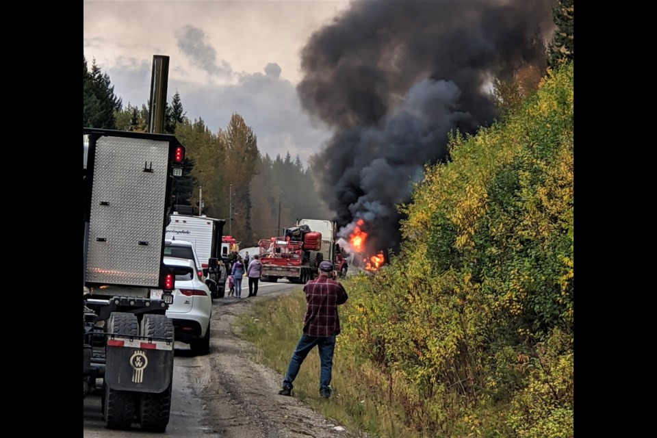 A head-on collision Sunday morning between a semi-trailer truck and a passenger vehicle resulted in the tanker catching fire on Highway 16 East near Tabor Mountain. Police have not yet released any details on injuries for the people involved.