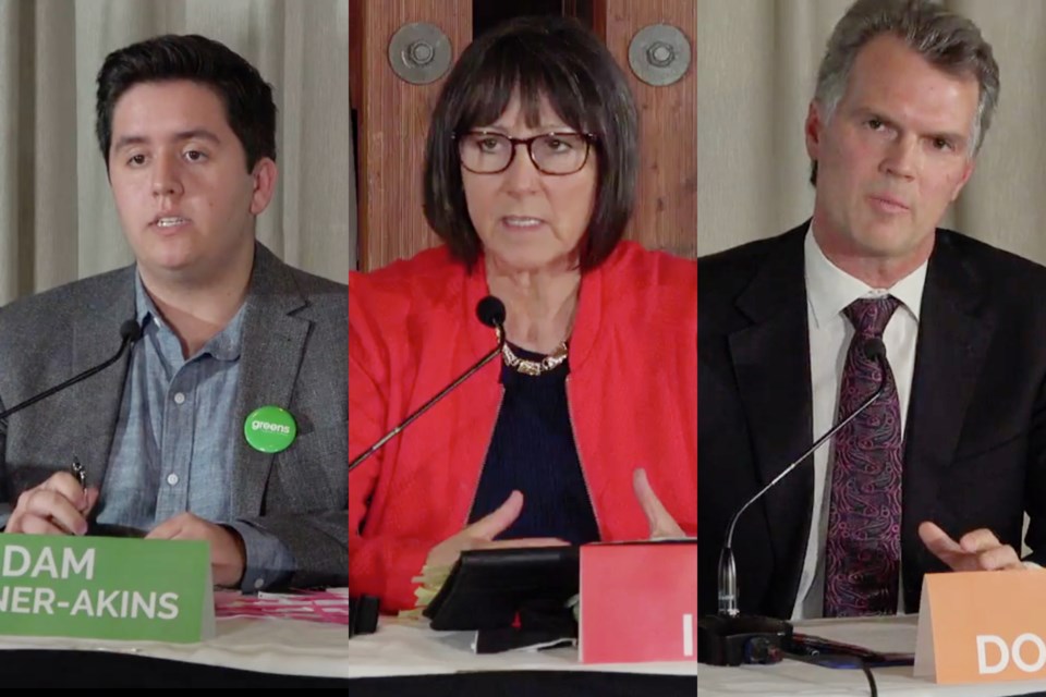 BC Green candidate Adam Bremner-Akins (left); BC Liberal candidate Joan Isaacs (centre); and BC NDP candidate Fin Donnelly at the Tri-Cities Chamber of Commerce All-Candidates Debate Wednesday, Oct. 14.