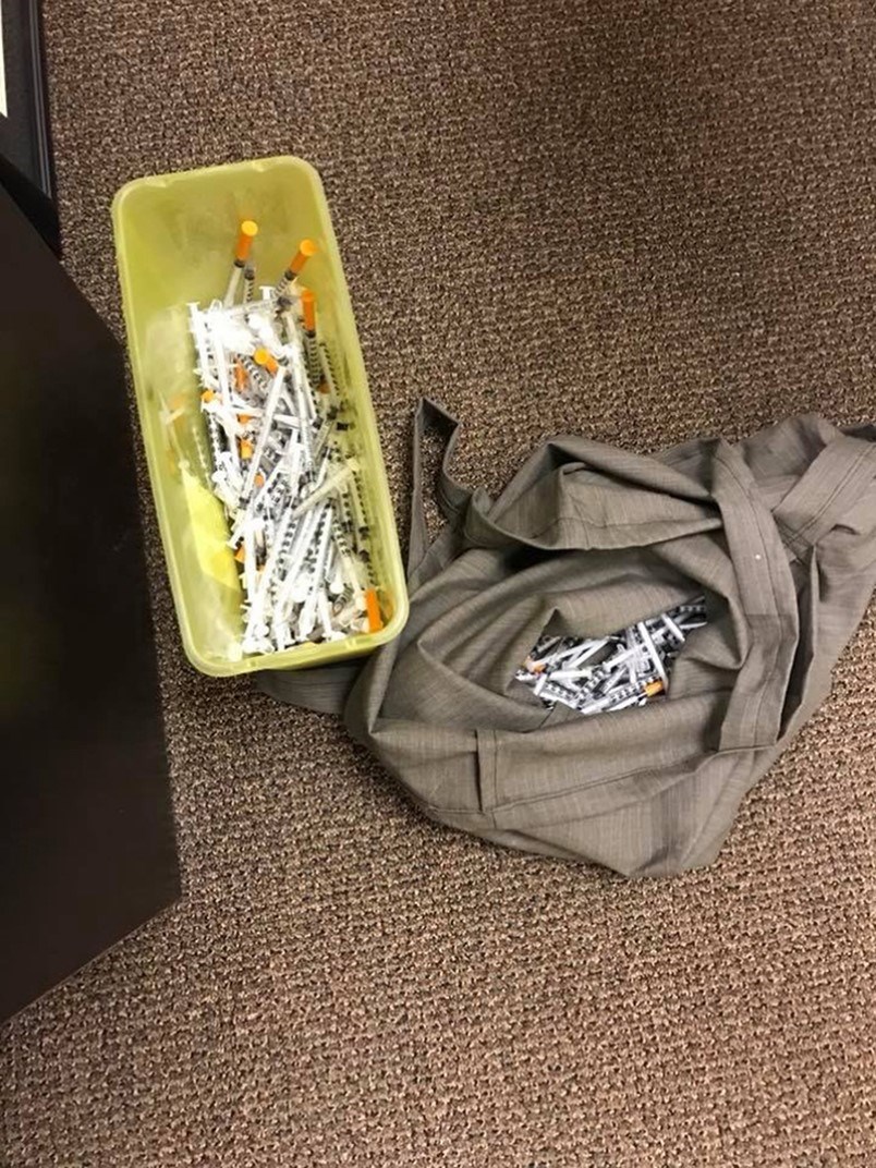 A box of needles found by a local business that was posted on Facebook by Port Coquitlam Coun. Brad